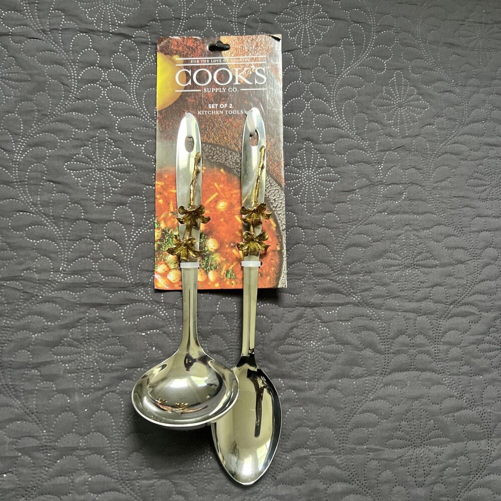 Cooks Supply Co. 2Pc Stainless Steel + Brass Decorative Serving Spoons NEW Home